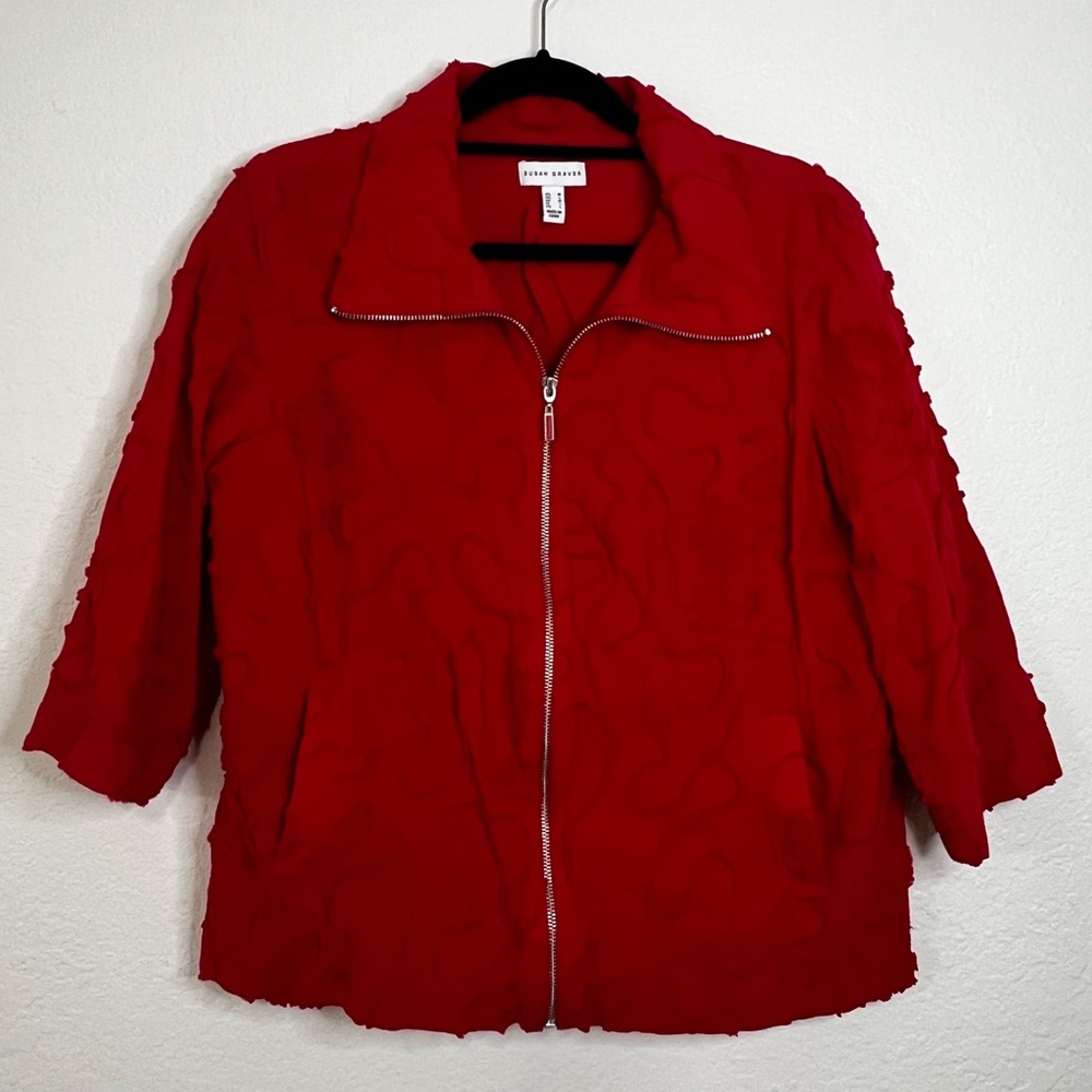 Susan Graver Zip Up Bright Red Embroidered Flower Jacket - Women’s Size Medium